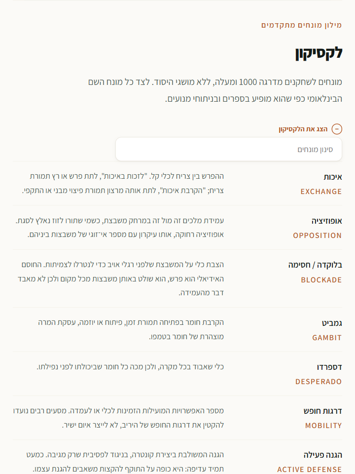 הלקסיקון: שדה סינון ורשימת מונחים מתקדמים בעברית ובאנגלית עם הסבר.